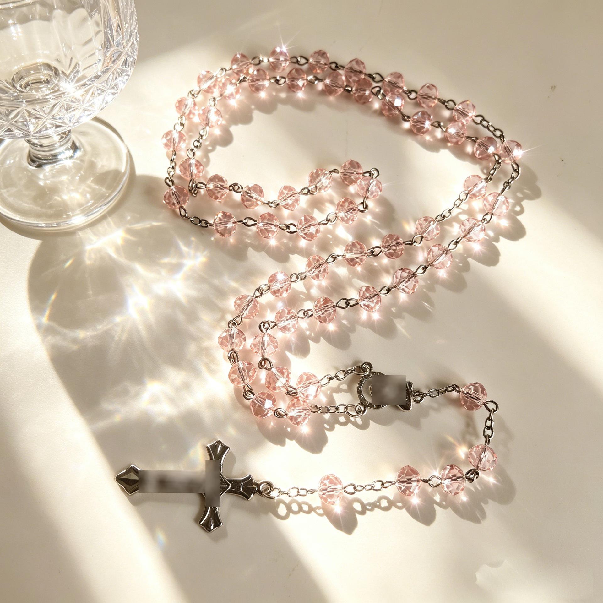 8mm Flat Crystal Cross Pendant Necklace, Cross-Border Hot-Selling Sweater Chain, Light Luxury Beaded Necklace