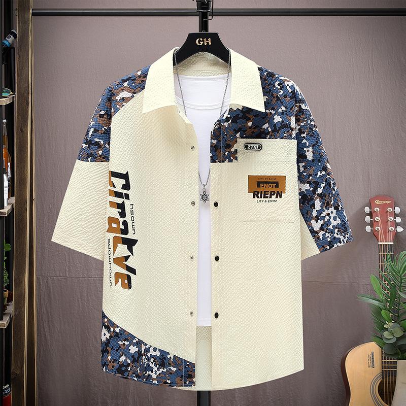 Contrast Color Splicing Work Shirt Men's Short-sleeved Summer Trendy Brand Thin Ice Silk Half-sleeved Shirt Loose Casual Inch Shirt