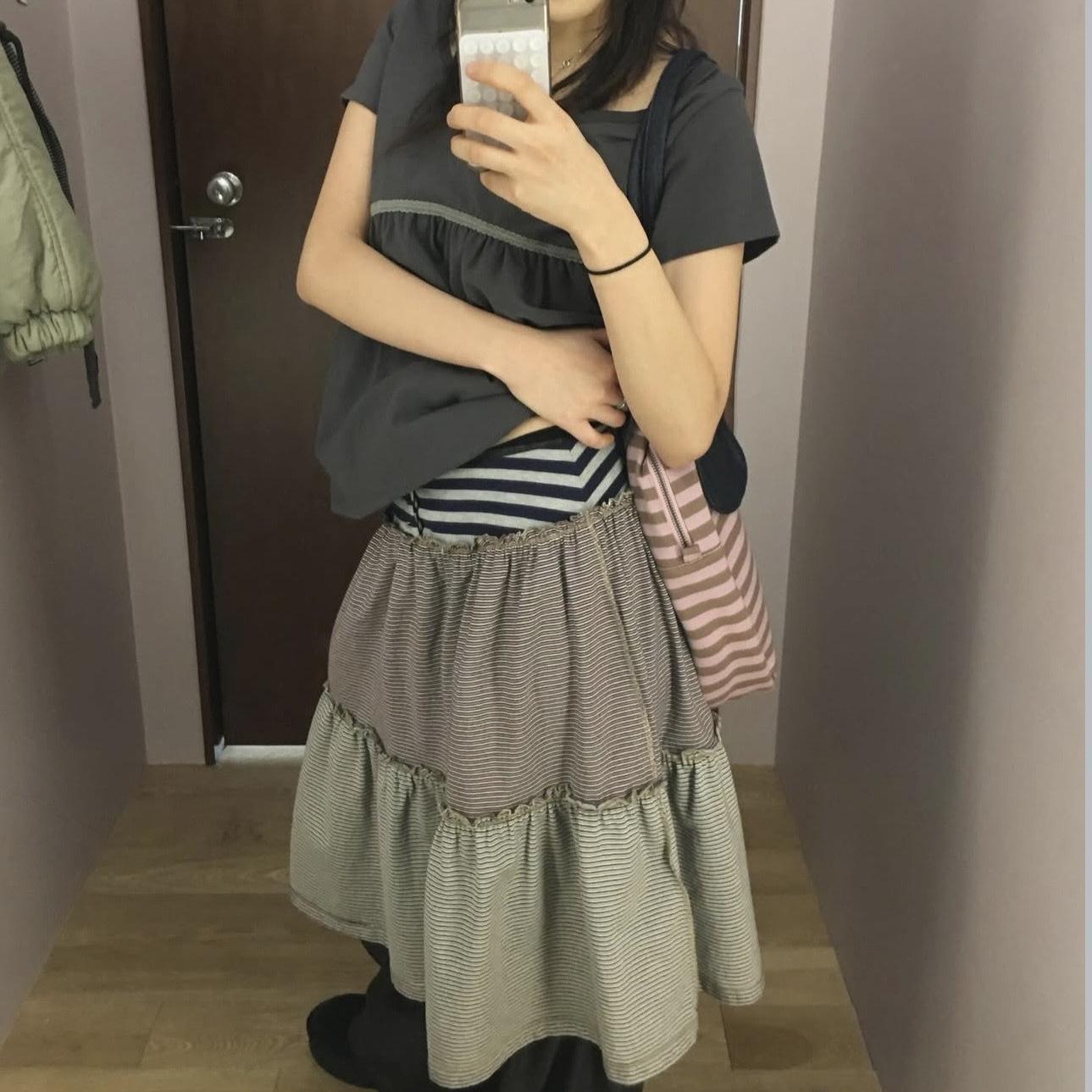 Patchwork Color-Blocked Skirt with Fine Stripes, Casual and Versatile, Unique Design Short Skirt