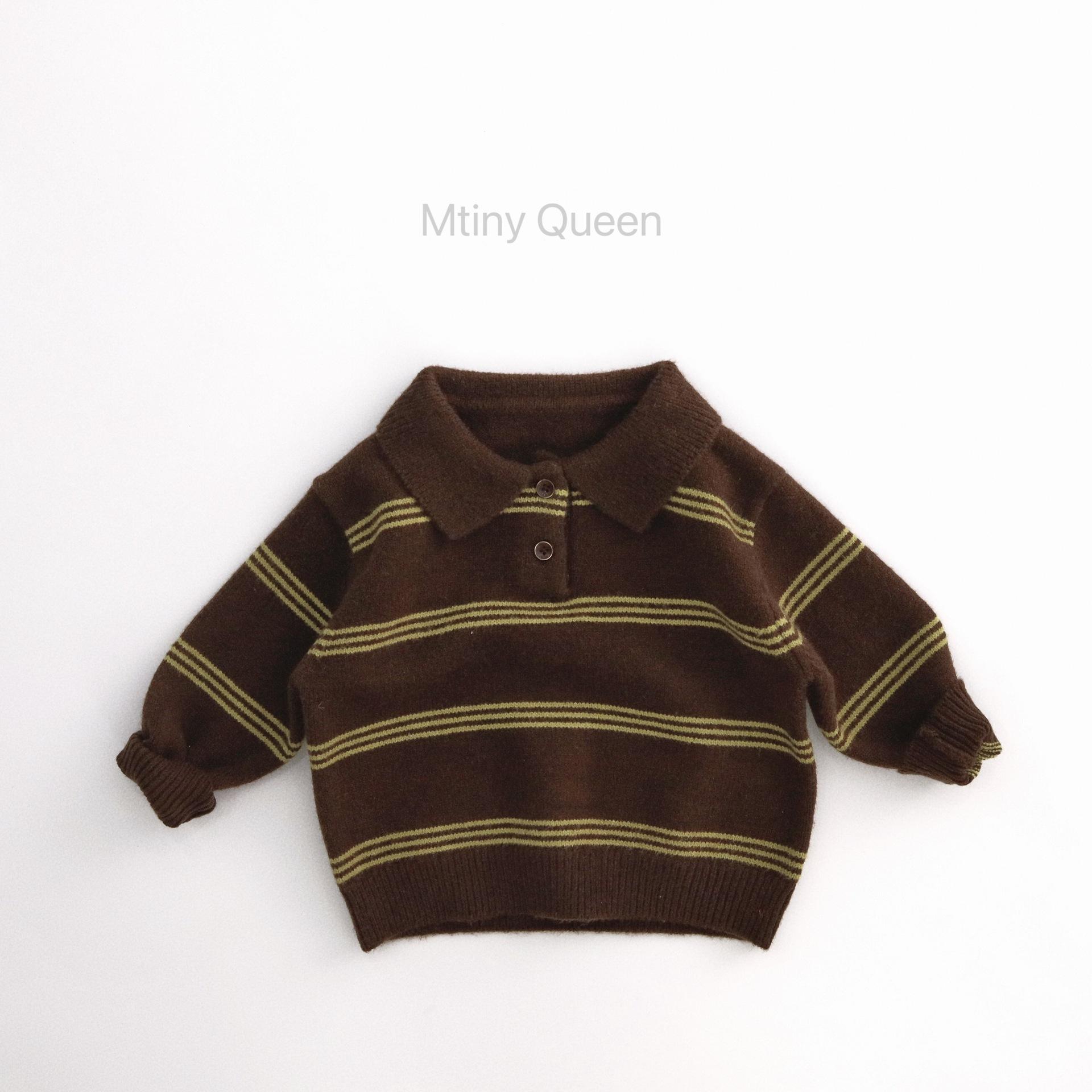Tiny Queen forest-themed children's sweater, brown striped pullover sweater for boys and girls, baby knit top, Korean style