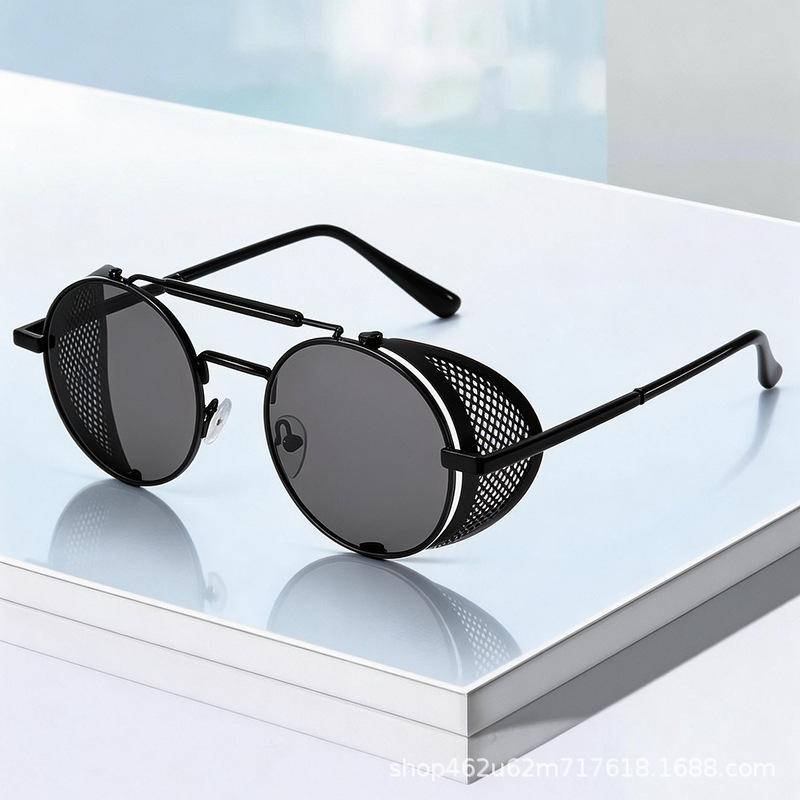 Cross-Border European and American Street Style Steampunk Sunglasses for Men, Round Mesh Fashion Personality Sunglasses for Women, High-End New Style