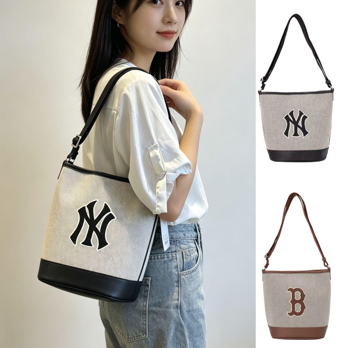 Korean MLB bucket bag, featuring classic NY embroidery, a versatile crossbody or shoulder bag, perfect for commuting, fashionable, lightweight, and with a large capacity
