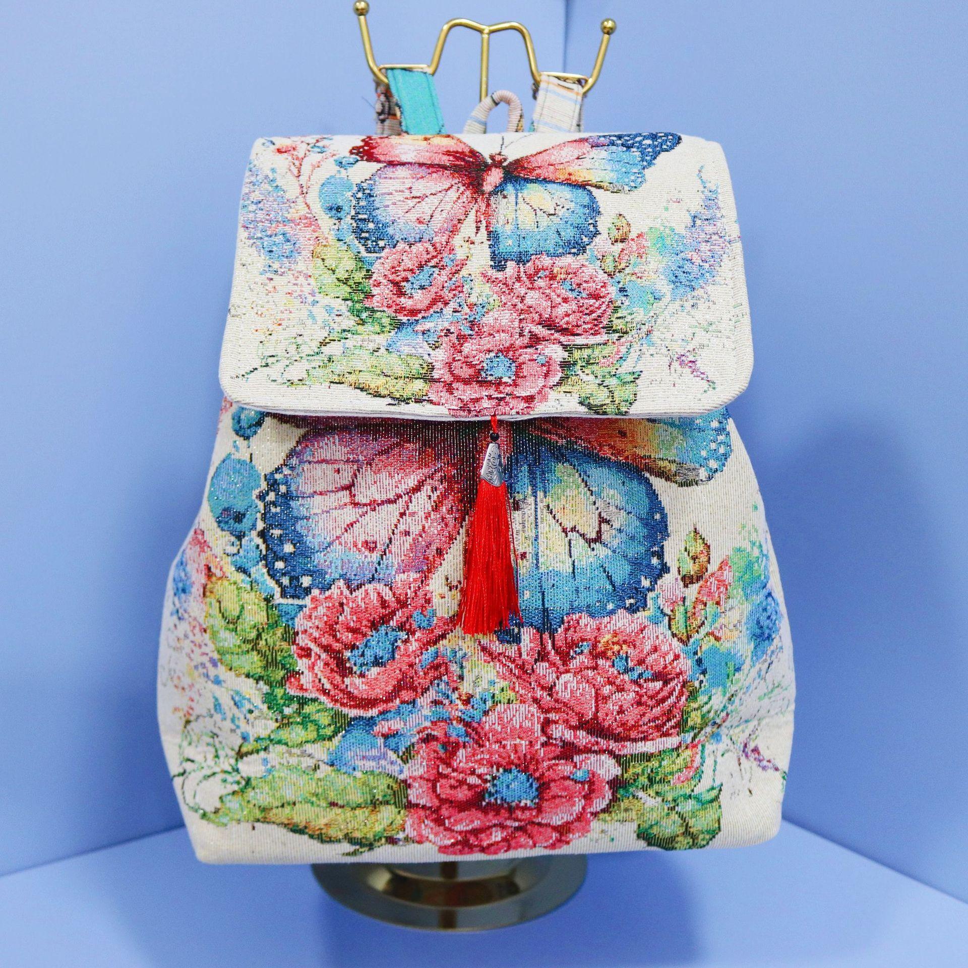 Yunnan Ethnic Style Sand Fabric Backpack for Women, Travel Casual Bag with Gold Thread Embroidery, New Model Backpack