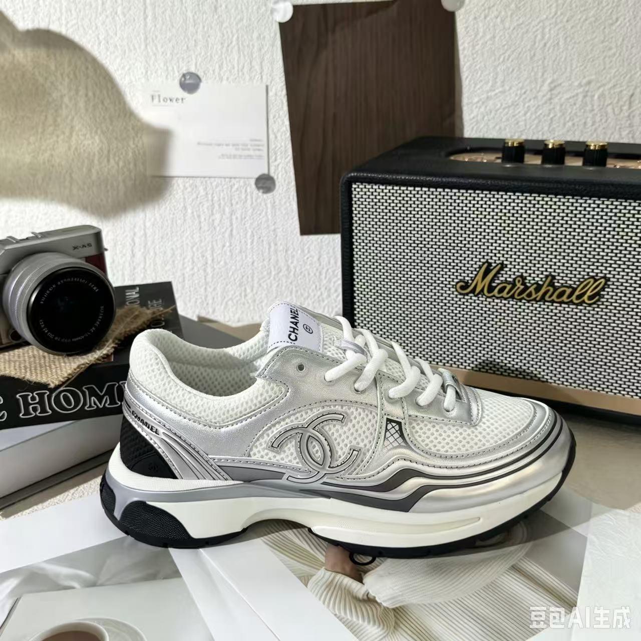 23c Silver Horn King Chanel-style couple's sneakers, comfortable, height-increasing, mesh, round toe, breathable, thick-soled dad shoes for men