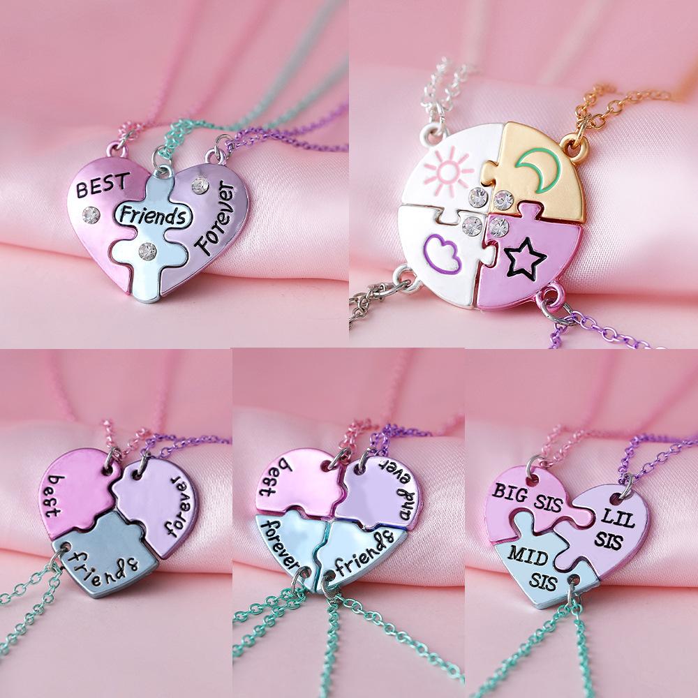 Cross-border Hot-selling European and American Best Friends Heart-shaped Stitching Simple Necklace Three-person Hanging Love Niche Creative Pendant