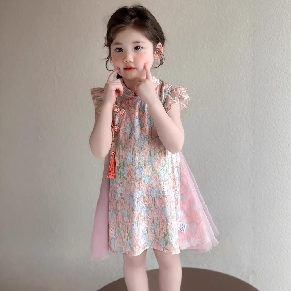 2026 Baby New Chinese Style Dress Summer Thin Style Baby Girl Princess Dress 3689 Girls Mesh Floral Dress