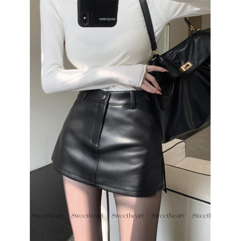 Black Retro Pu Leather High-Waisted Skirt for Women Autum New A-Line Slim Sexy Fashion Versatile Hip-Hugging Short Skirt