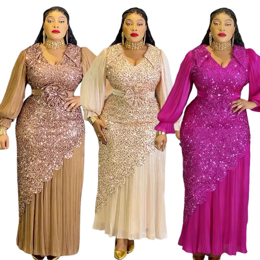 Cross-Border African Plus Size Women's V-Neck Long-Sleeved European and American Export Slim Hip Skirt Party Party Elegant Dress Skirt