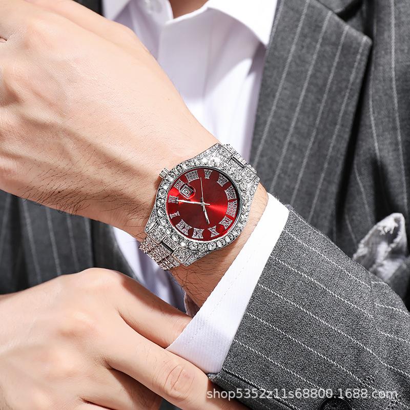 Cross-border bestseller European and American men's watch with steel band, hip-hop Roman numeral dial, diamond-encrusted calendar, men's quartz wristwatch