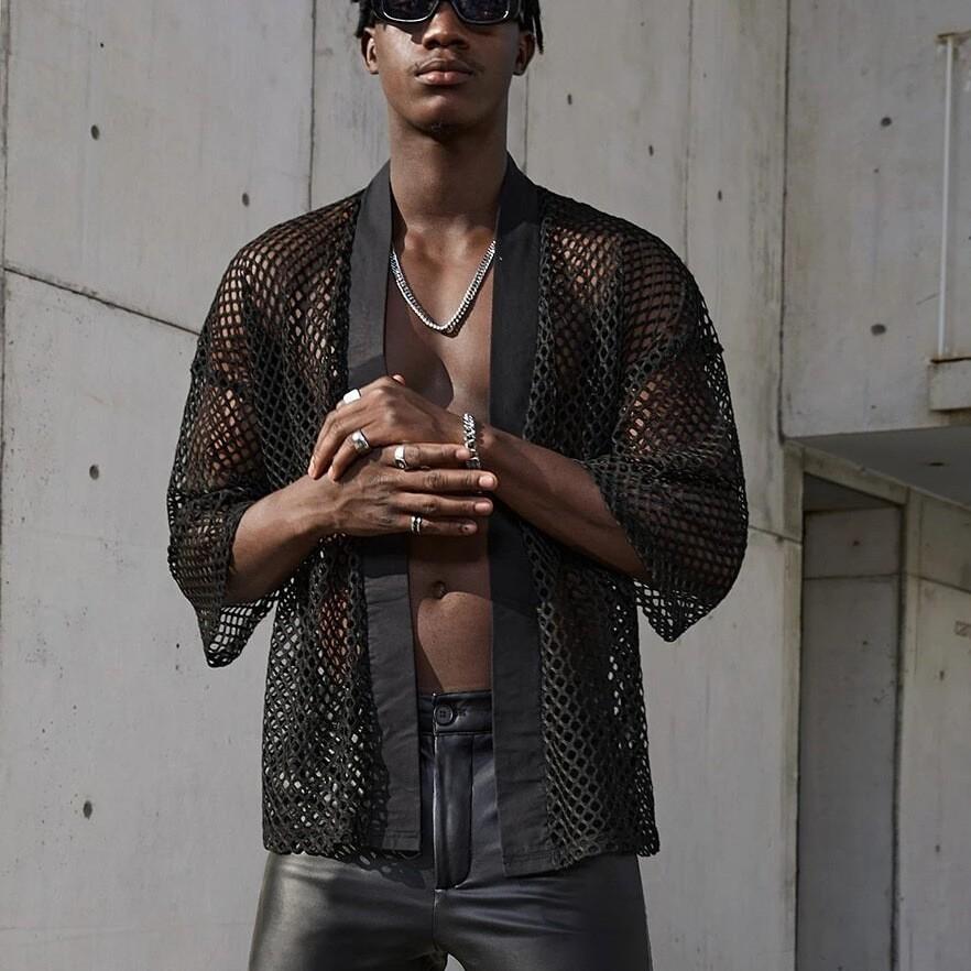 Hot Selling European and American Men's Cut Out T-Shirt Men's Sexy Mesh Cardigan Shawl Fashion Performance Clothing Top Shirt 8003