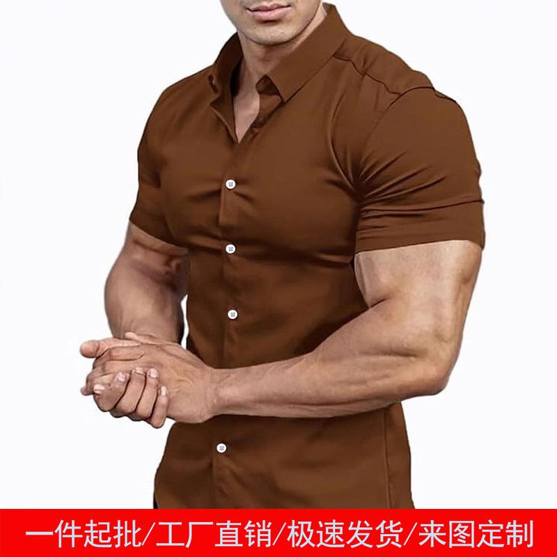 Summer New Short-sleeved Printed Shirt Men's Shirt Collar Casual Fashion Solid Color Shirt Thin Short-sleeved Shirt Men