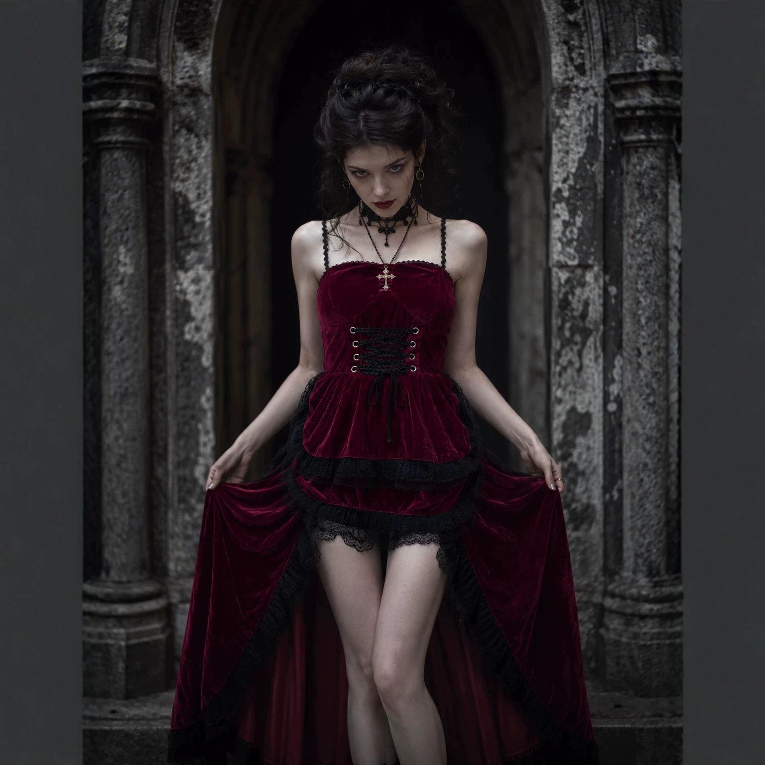 Velvet Dark Gothic Strap Dress with Vintage Lace, Short in the Front and Long in the Back, Halloween Ball Cosplay Costume
