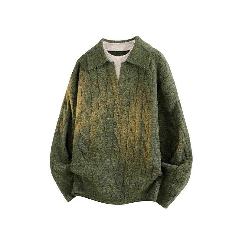 Fake Two-Piece Lapel Twist Pullover Knitwear for Men in Autumn and Winter New Thickeneded Lazy Style V Neck Knitwear Loose Top