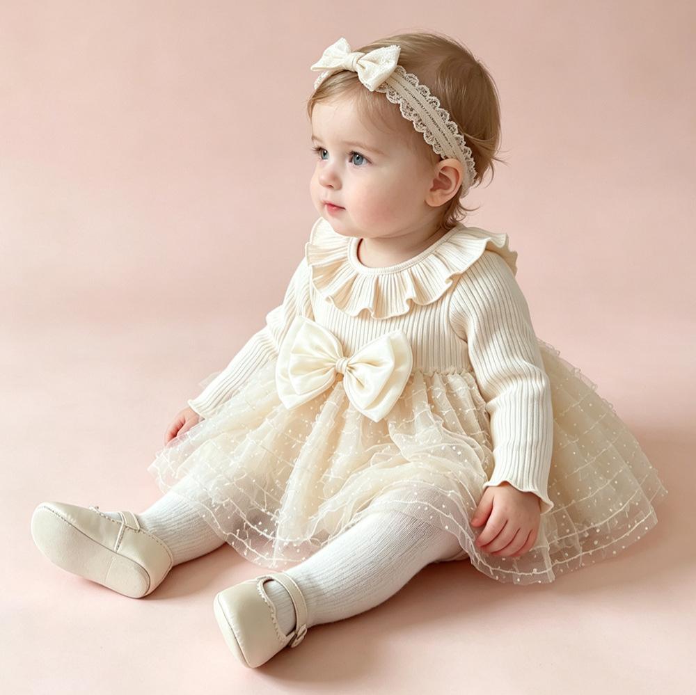 Korean-style gentle bow baby tulle dress for girls, suitable for full-month and 100-day celebrations, princess dress with soft and textured fabric for autumn