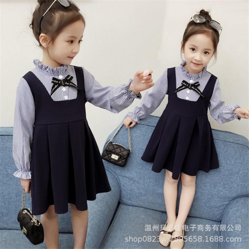 2025 Girls Dress New Striped Fake Two-Piece Korean Style Princess Dress for Children and Middle-Aged Children Spring Baby Dress