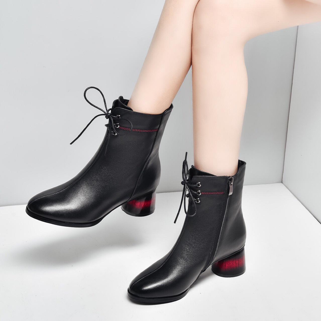 Genuine Leather cotton women's short boots 2023 autumn and winter new women's boots mid heel Martin boots round toe chunky heel fleece-lined short boots