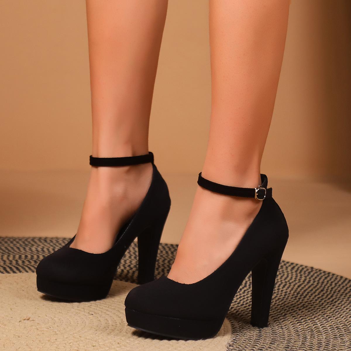 Year-Round Ready-Made High-Heeled Shoes for Women European and American Suede Thick Heel Buckle Waterproof Platform 34-42 Size Export Cross-Border Shoes