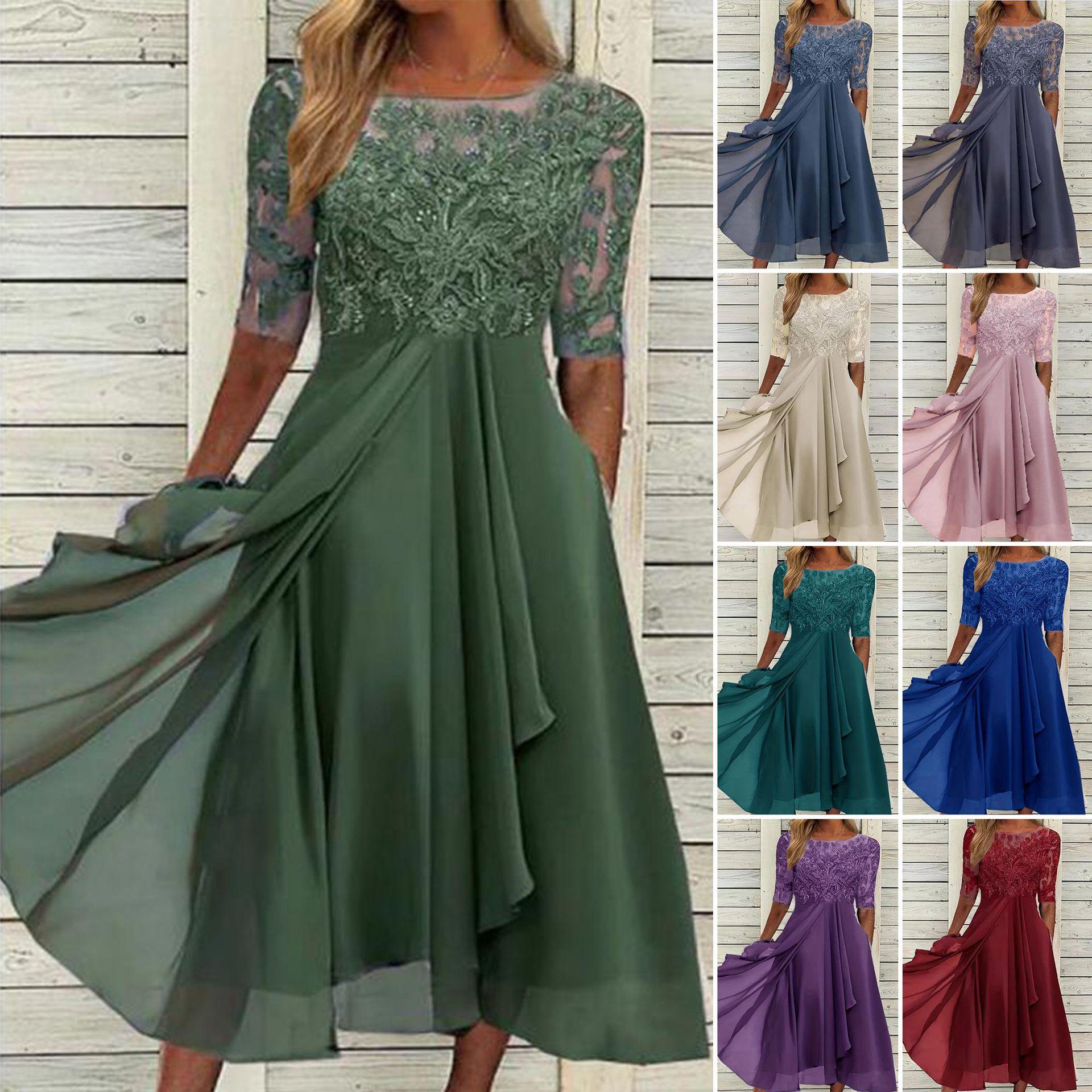 2025 European-style cross-border Amazon dress: chiffon patchwork with lace and cut-out details, long gown, bridesmaid dress, evening dress, women's clothing
