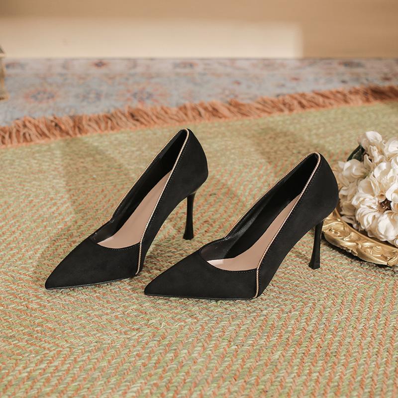 Thin Heel Pointed Toe Stitched Edge High Heels for Women, Suede Solid Color, Large Size, Wide Fit 41 42 43, Small Size 30 31