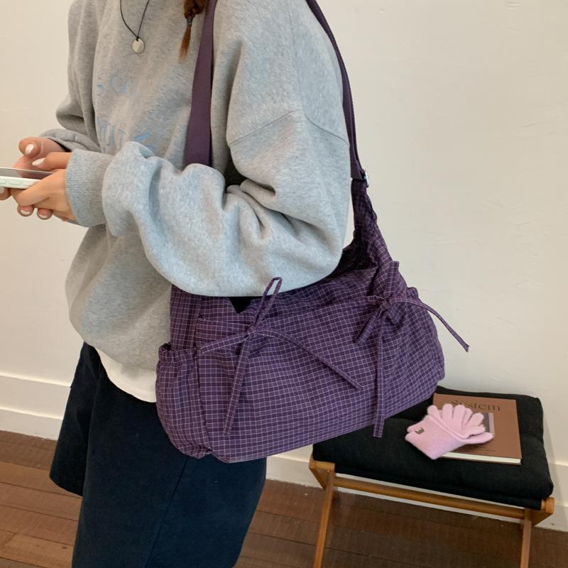 Korean Retro Plaid Shoulder Bag 2025 New Fashion Bow Nylon Bag Versatile Casual Outdoor Crossbody Bag