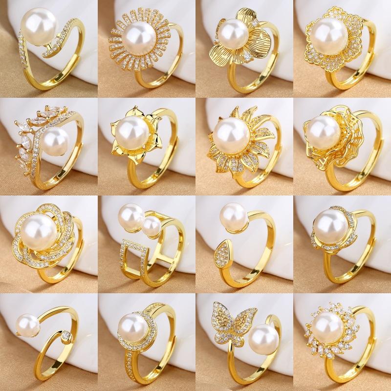 Korean-Style Light Luxury Pearl Ring for Women, High-End Floral Open-Ended Index Finger Ring, Live-Stream Jewelry, Empty Setting Wholesale Customization