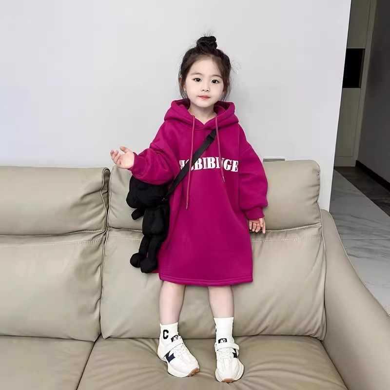 Girls' Dragon Fruit Color Sweatshirt Dress Autumn and Winter New Style Kidsren's Baby Style Mid-Length Velvet Hooded Skirt