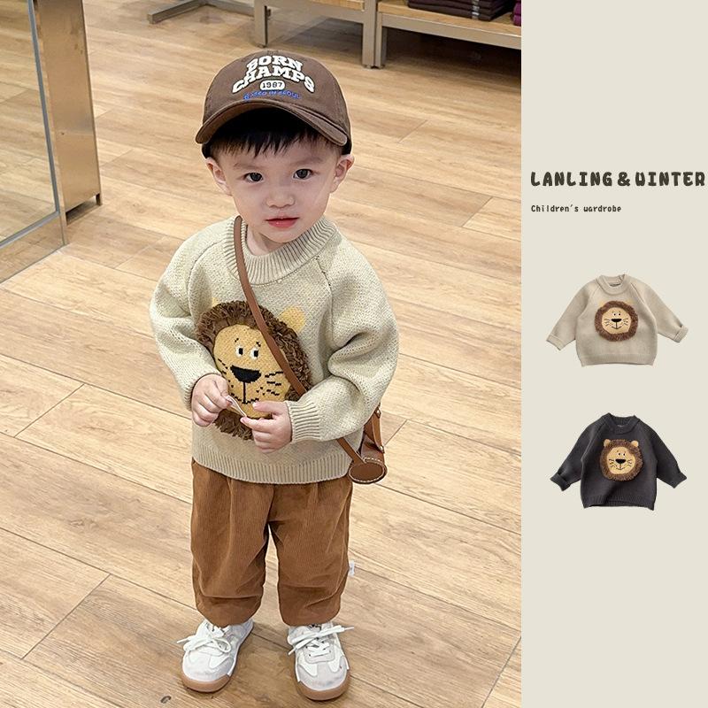 Boys Autumn and Winter Korean Style Pullover Knitwear Baby Cartoon Lion Knitwear Baby Versatile Top Winter Clothing