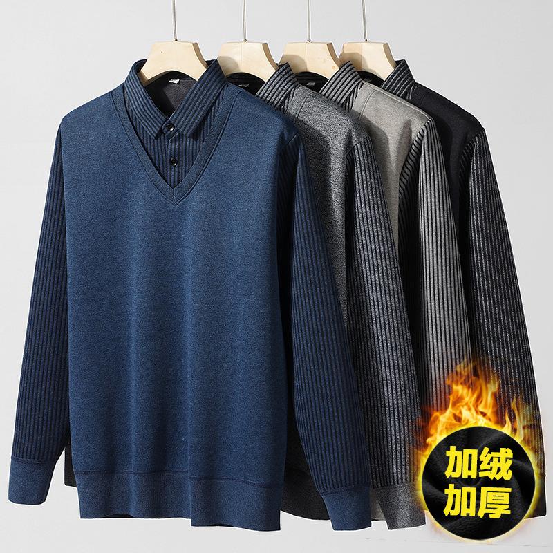 Sweater Men's Dad Outfit Winter Middle-Aged and Elderly Men's Shirt Collar Fake Two-Piece Pullover Sweater with Velvet and Thickening to Keep Warm