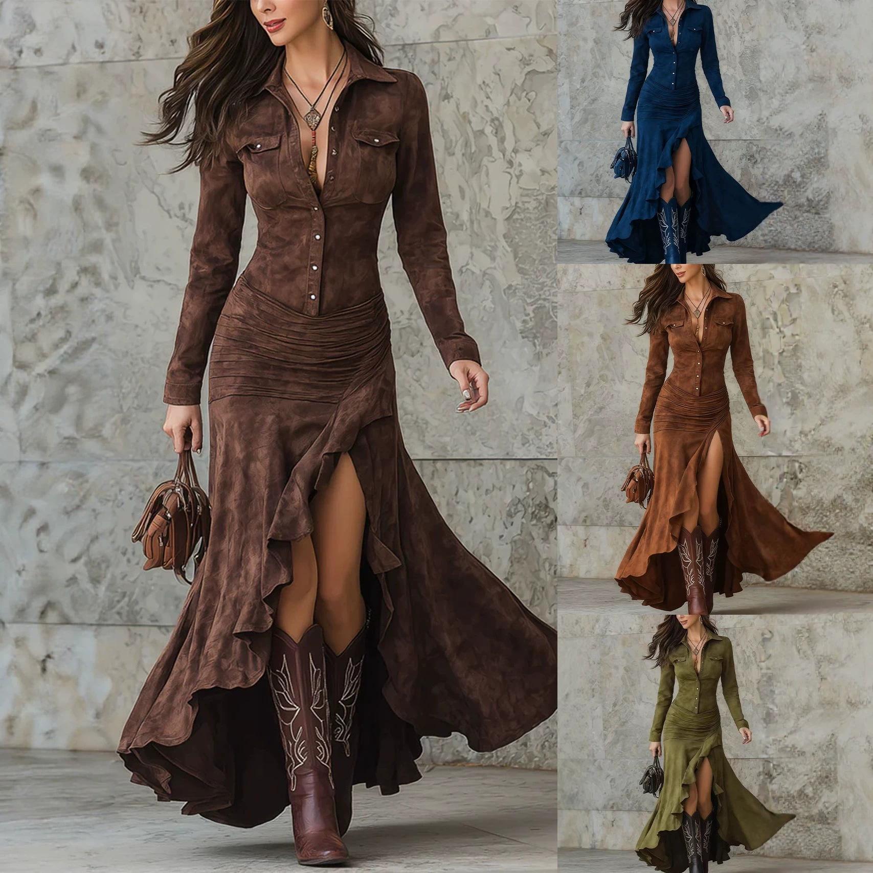 2026 Autumn/Winter Hot-Selling European and American Cross-Border Slim Fit Stand Collar Slit Long Suede Dress for Amazon Independent Stores