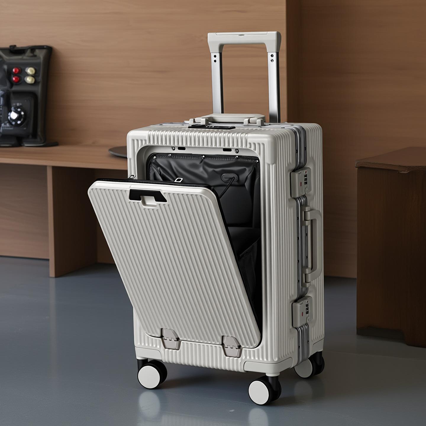 Front-Opening Suitcase with Cup Holder, USB Port, Password Lock, Suitable for Male and Female Students, 24-Inch, 26-Inch, 28-Inch, Can Be Used as Carry-On Luggage