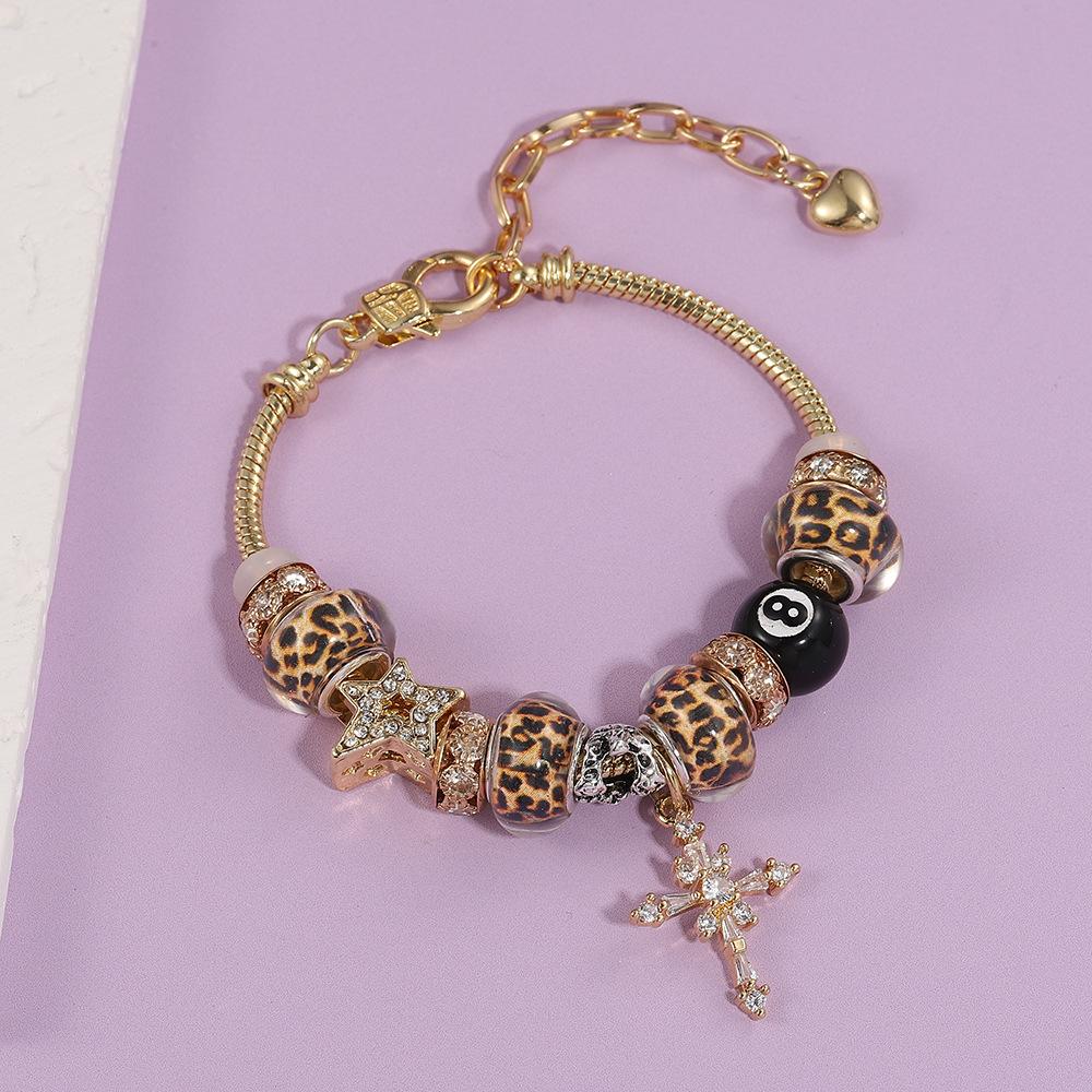 Cross-Border Hot-Selling Leopard Print Cross Bracelet with Zircon Black 8 Adjustable Beaded Lobster Clasp Bracelet with a High-End Feel Wholesale
