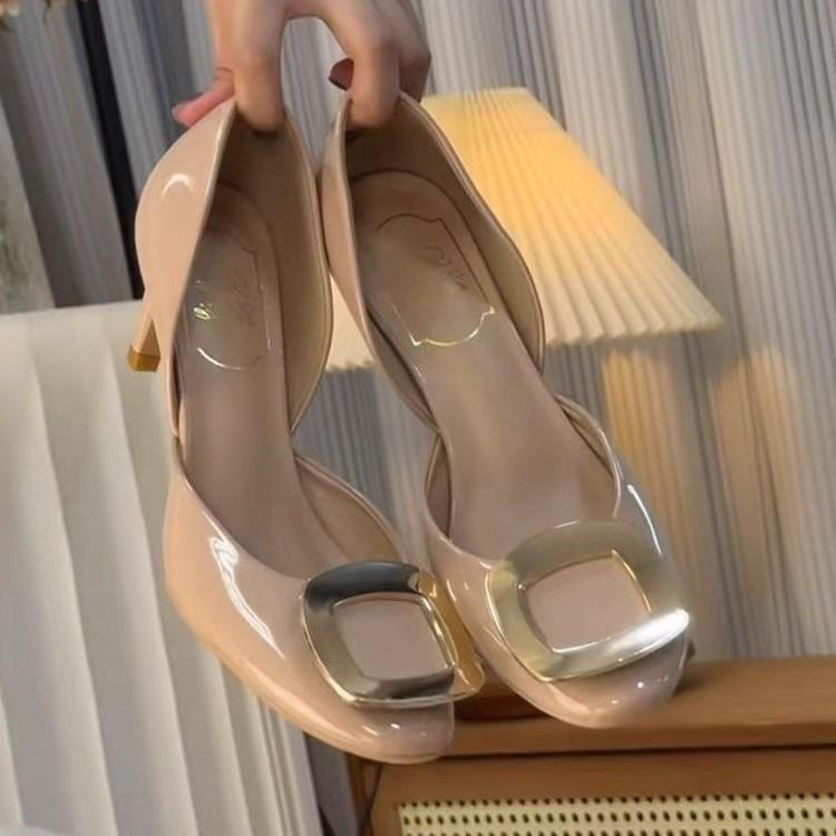 White Ballet High-Heeled Sandals with Thin Heels and Hollow Design, Same Style as Bai Bai Cong Yuan, Elephant Gray Square Buckle Single Shoes for Women