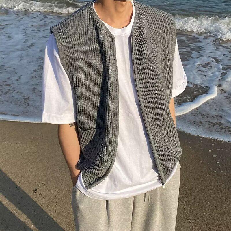 Early Autumn Crewneck Vest Sweater Men's Knitwear Vest Trendy Zipper Cardigan Hong Kong Style Instagram Popular Brand Loose Jacket