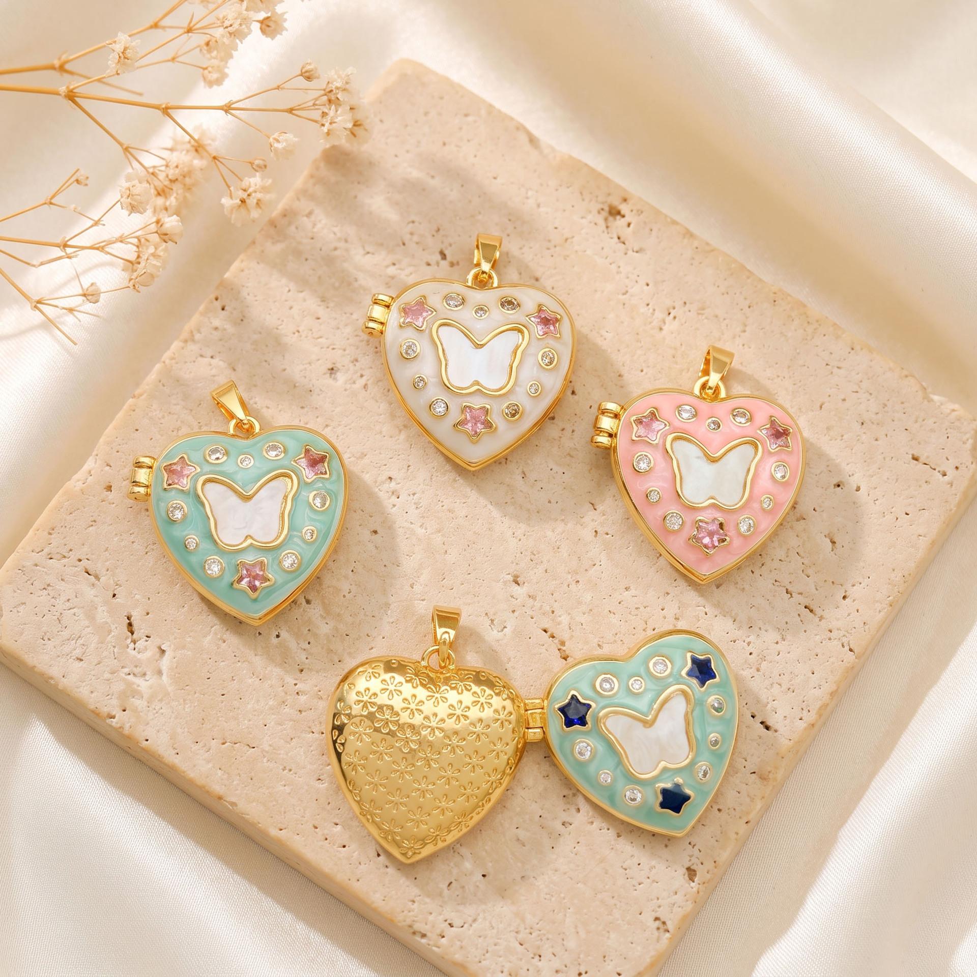 Pendant cross-border European and American heart-shaped butterfly photo clip DIY jewelry accessories, fashionable and sweet copper micro-inlaid zircon pendant