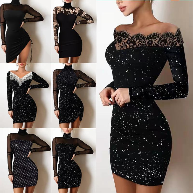 Amazon European and American Cross-Border Women's Fitted Silver-Embossed One-Shoulder Bodycon Black Dress Evening Gown 230g