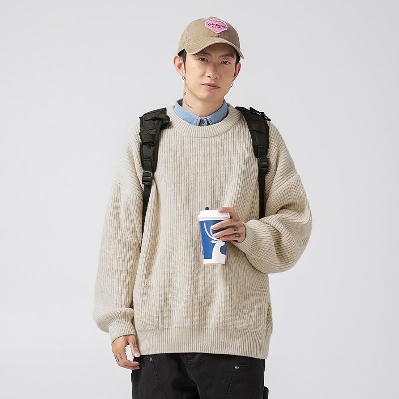 Heavy Thick Needle Pit Texture Sweater Men's Autumn and Winter Basic Solid Color Loose Round Neck Sweater Sweater Jacket