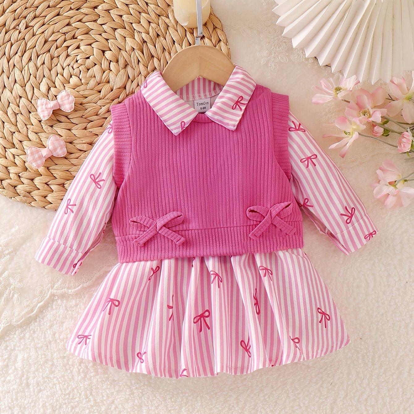 Baby Girls Clothes 0-3Y Baby Girl Spring Autumn Long Sleeve Striped Shirt Dress + Knitted Vest