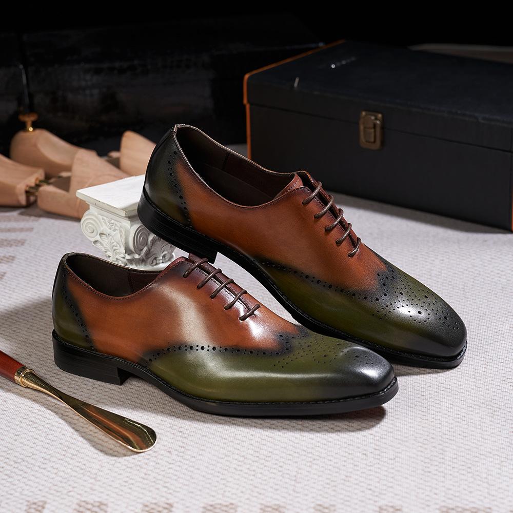 39-46 European Size Men's Leather Shoes Leather Brown Green Fashion Business Dress Oxford Shoes Official Wedding Dress Shoes