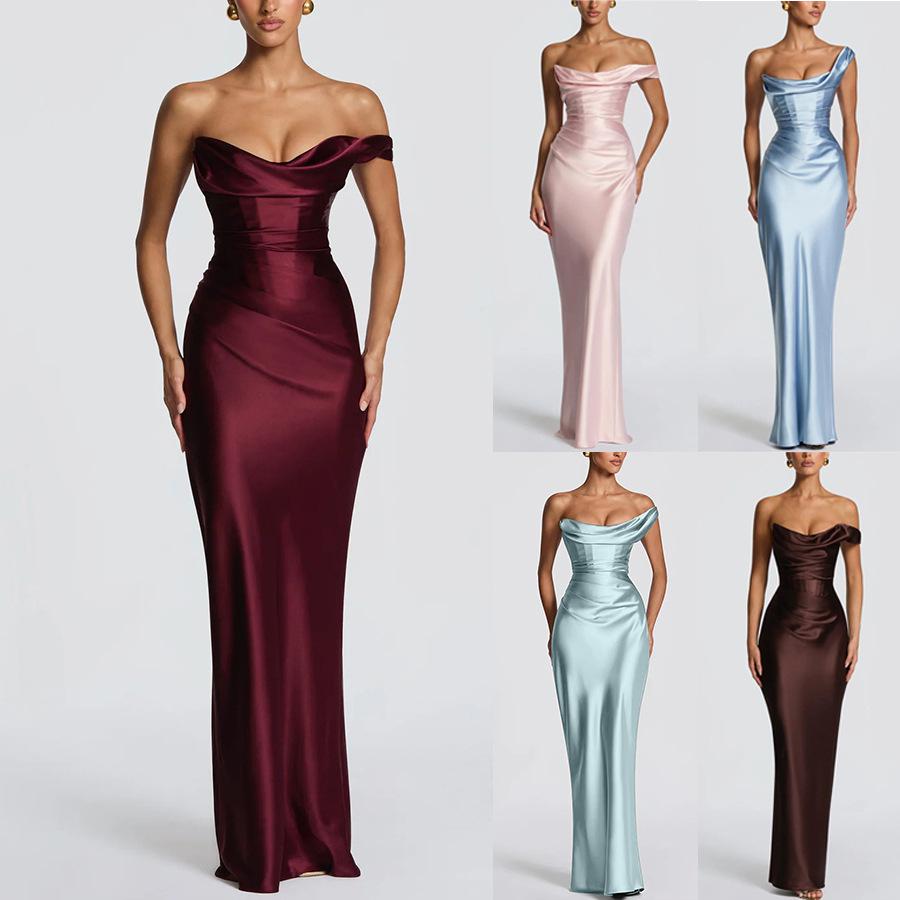 Cross-border evening dress, European and American spring/summer new style, one-shoulder satin bodycon dress, INS party and vacation women's dress