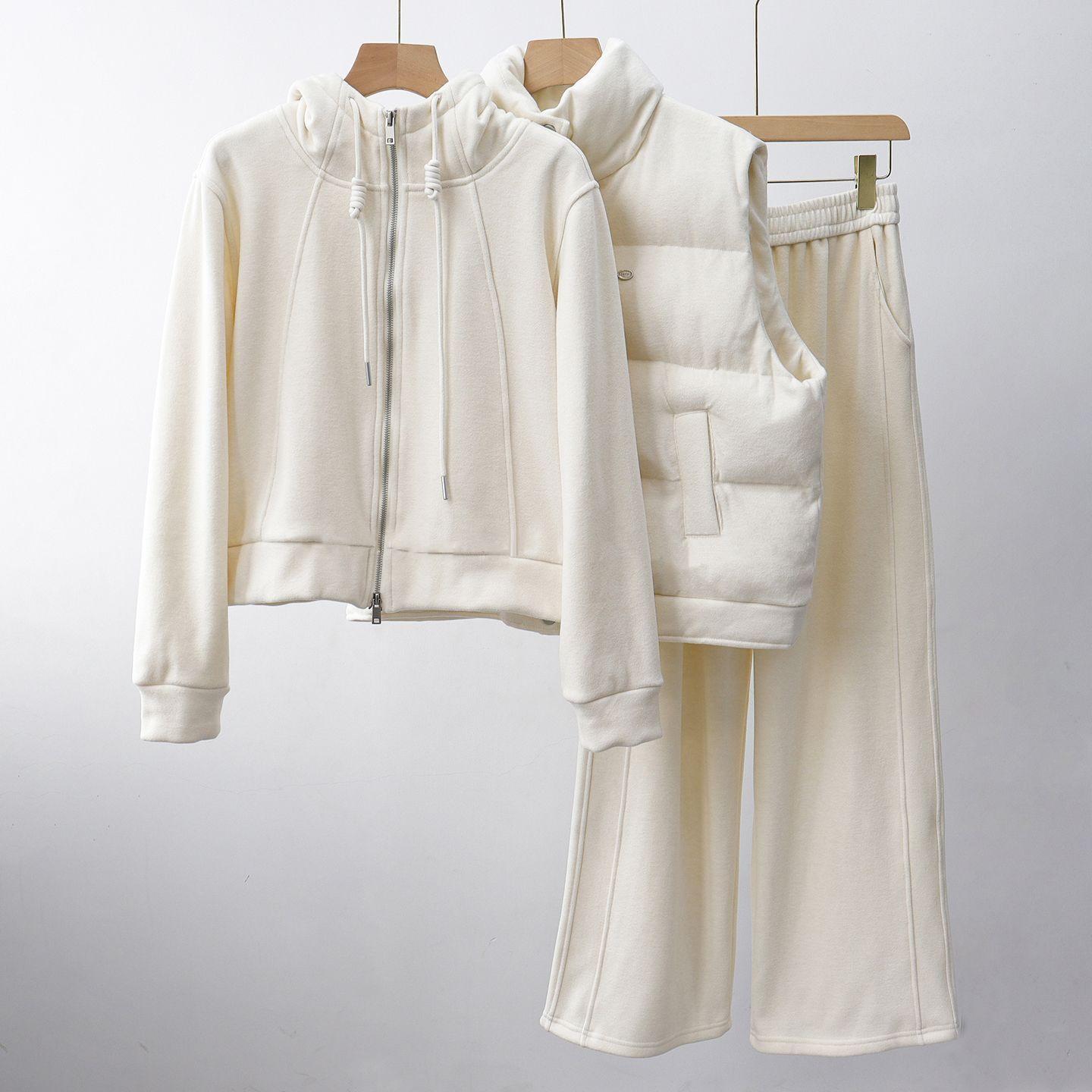 Sports Casual Suit for Women, Autumn and Winter Work Clothing, Casual Sports Vest, Velvet Sweatshirt, Wide-Leg Pants, Three-Piece Suit for Women
