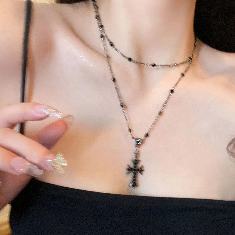 European and American Dark Zircon Cross Beaded Necklace for Women, Summer Long Double-Layer Stacked Neck Chain Pendant Clavicle Chain