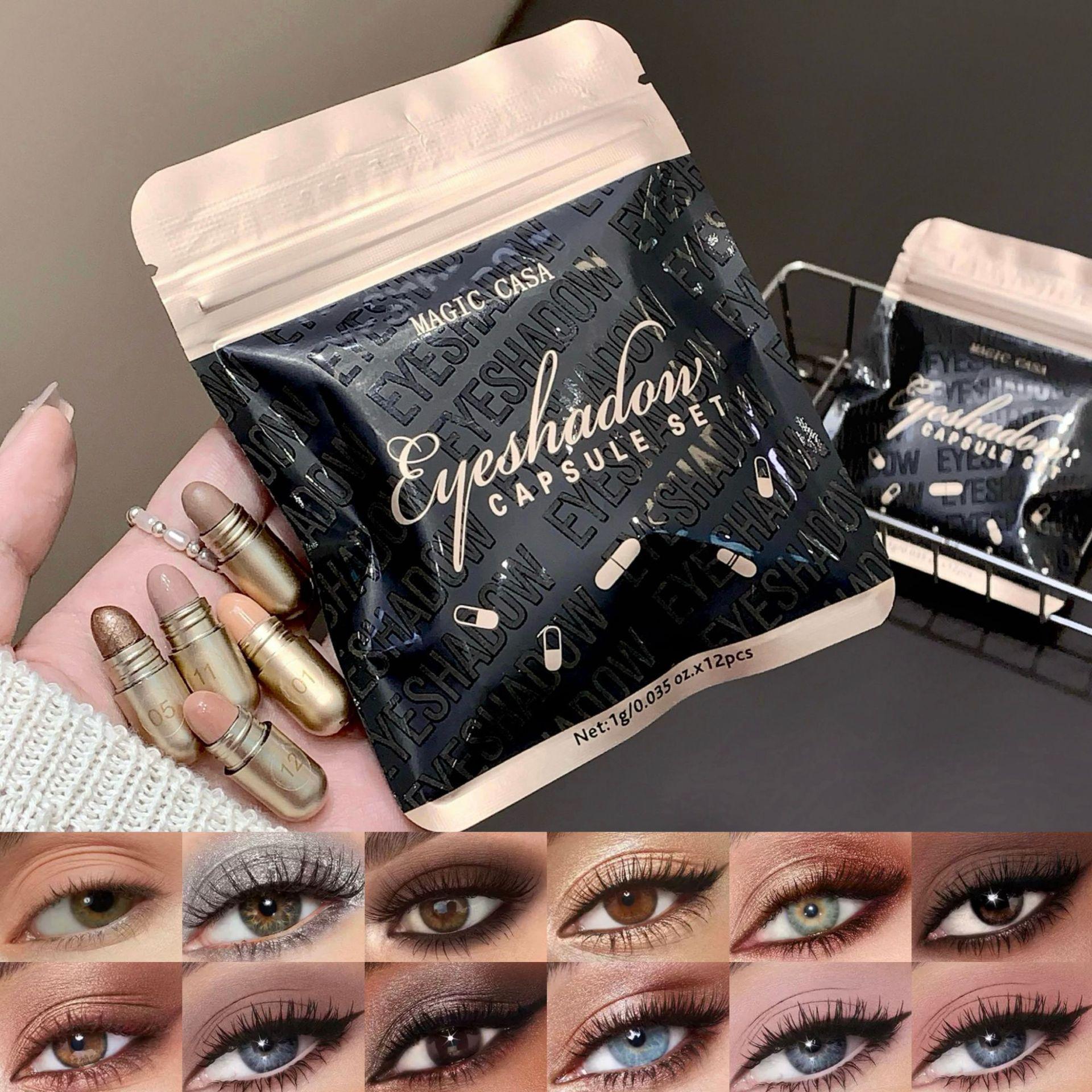 [Cross-Border Hot Item] 12-Color Capsule Eyeshadow Set with Metallic Highlighter and Small Gold Bean Eyeshadow, Not Easy to Smudge