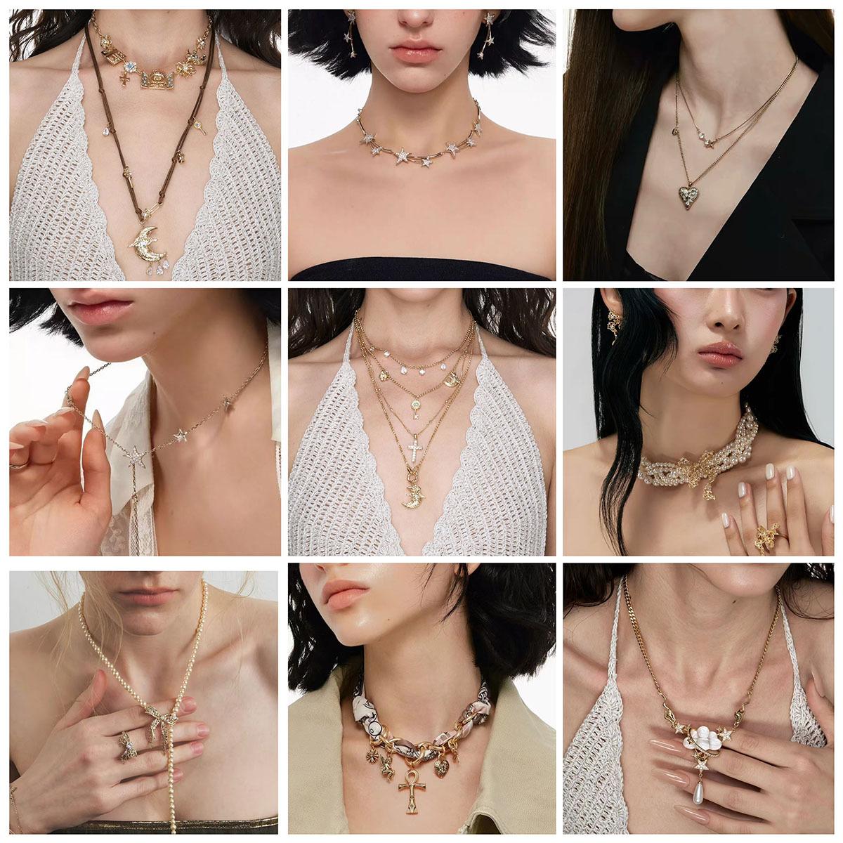 Vintage multi-layered gold moon cross necklace for women, light luxury niche design clavicle chain accessory, sweater chain