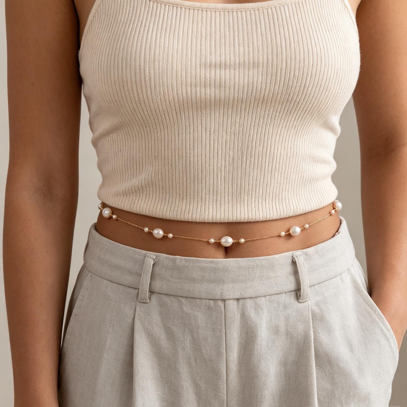 European and American style large and small pearl waist chains, simple and elegant belly chains, fashionable bikini body chains for vacation