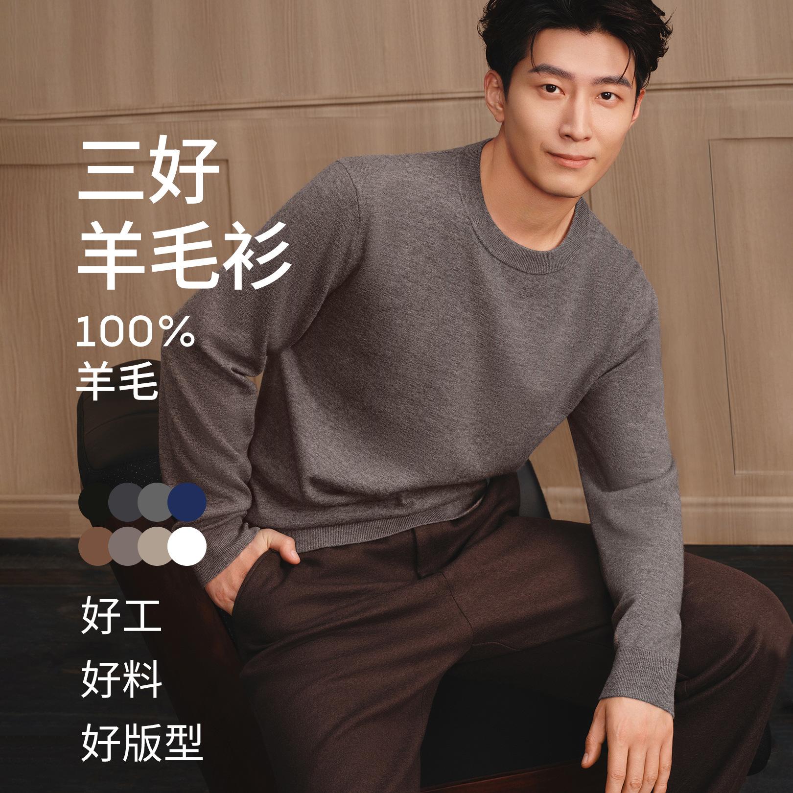 100% Wool Men's Crew Neck Knit Sweater Long Sleeve Autumn and Winter Warm Wool Sweater Solid Color Versatile Base Shirt