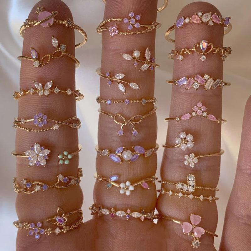 European and American Cross-Border Best-Selling Zircon Adjustable Open Ring, Copper Plated with 16K Real Gold, Sweet and Cute Flower Ring for Women