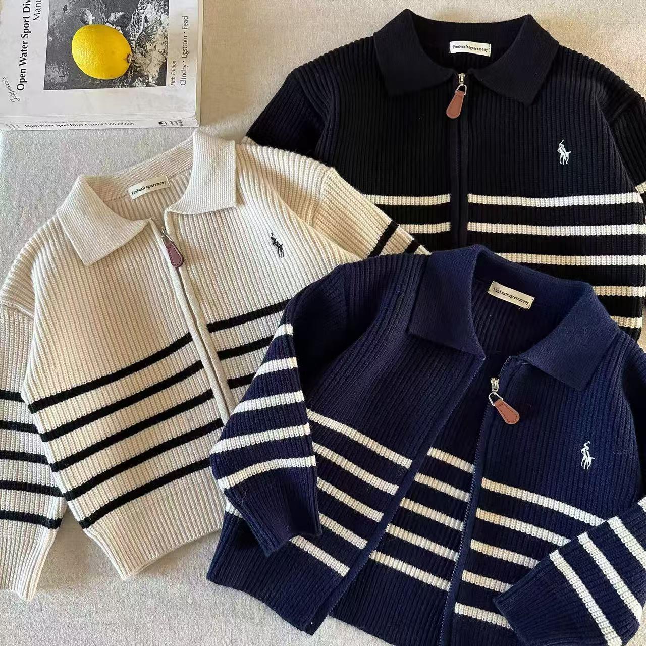 Children's Sweater 2025 Autumn Trendy Brand Boys' Striped Knitted Cardigan Baby Kids Fashionable Zipper Shirt Jacket