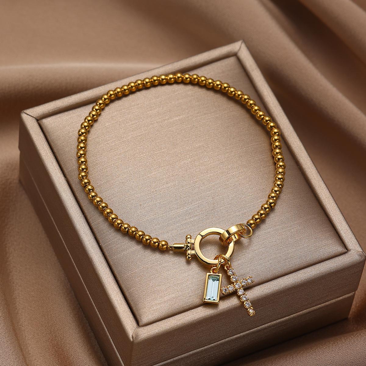 European and American Style 18K Real Gold Electroplated Stainless Steel Beads Cross 12-Month Birthstone Bracelet Elastic