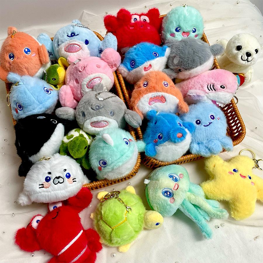 Cartoon Ocean Animal Series Plush Keychains, Claw Machine Dolls, Street Vendor Supplies, Kindergarten Reward Gifts Wholesale