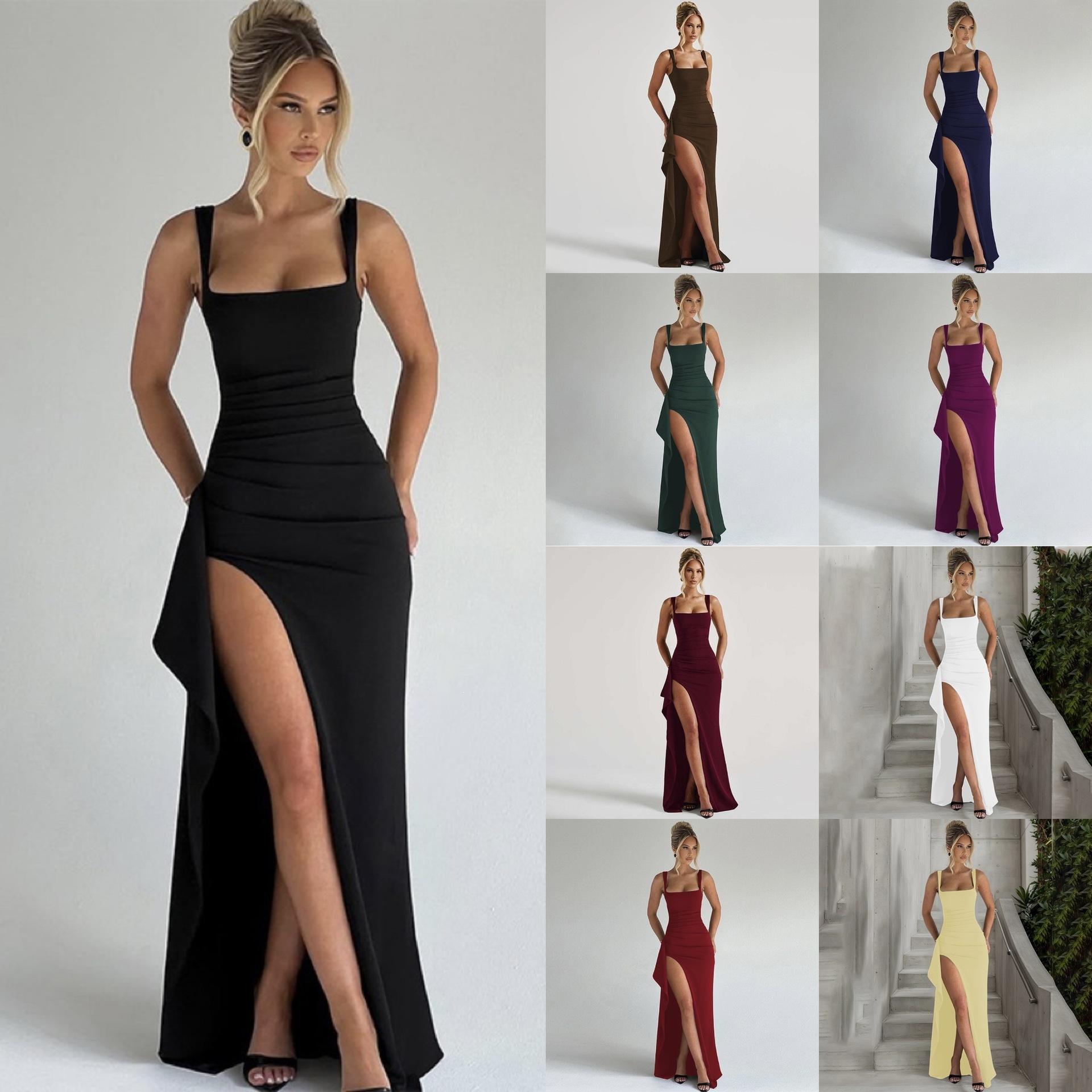 European and American INS-style women's evening gown, long dress, 2026 summer fashion, sexy backless high-slit spaghetti strap dress
